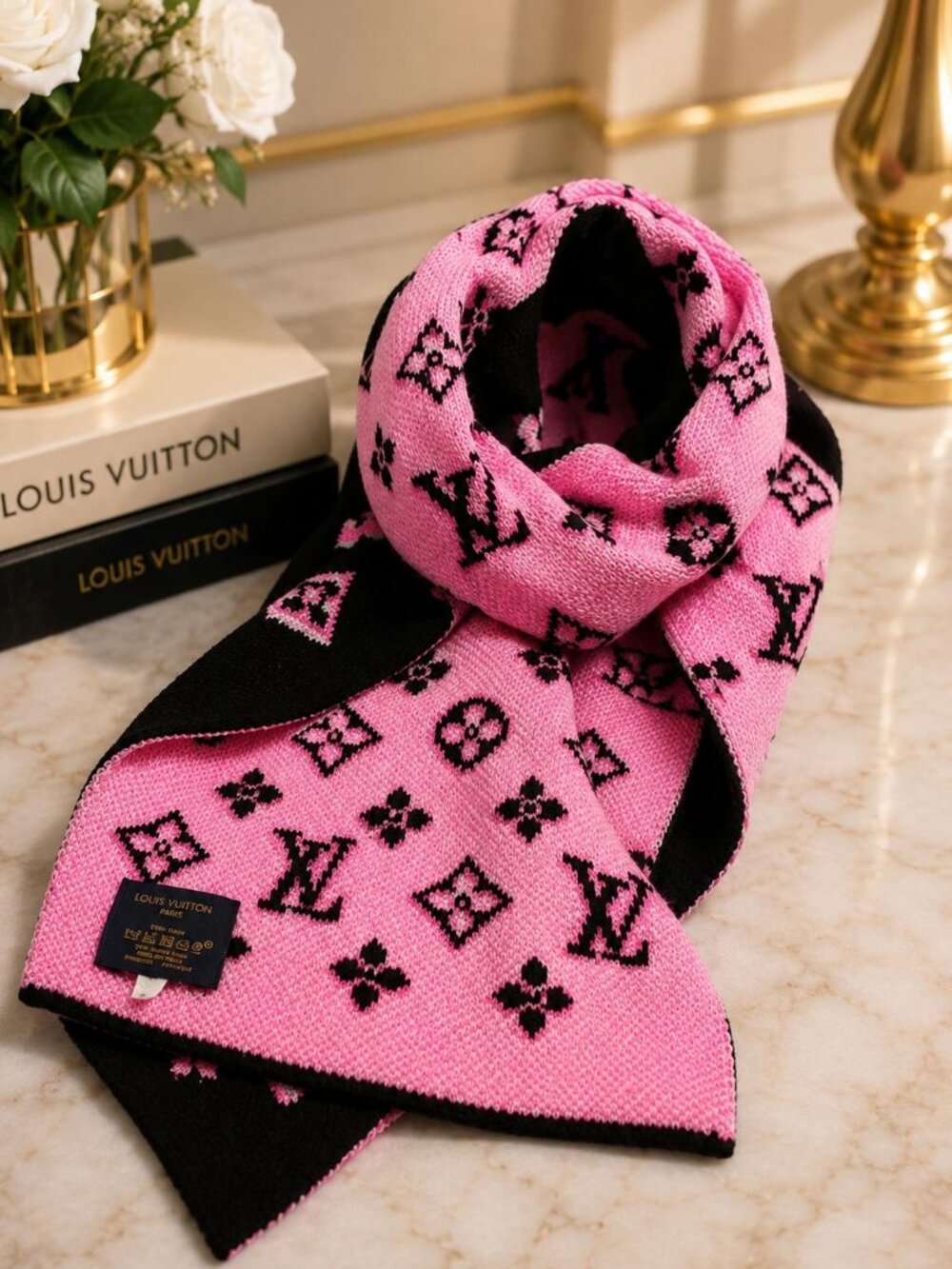 Authentic Louis Vuitton Monogram Wool Scarf Black Pink LV Knit Muffler